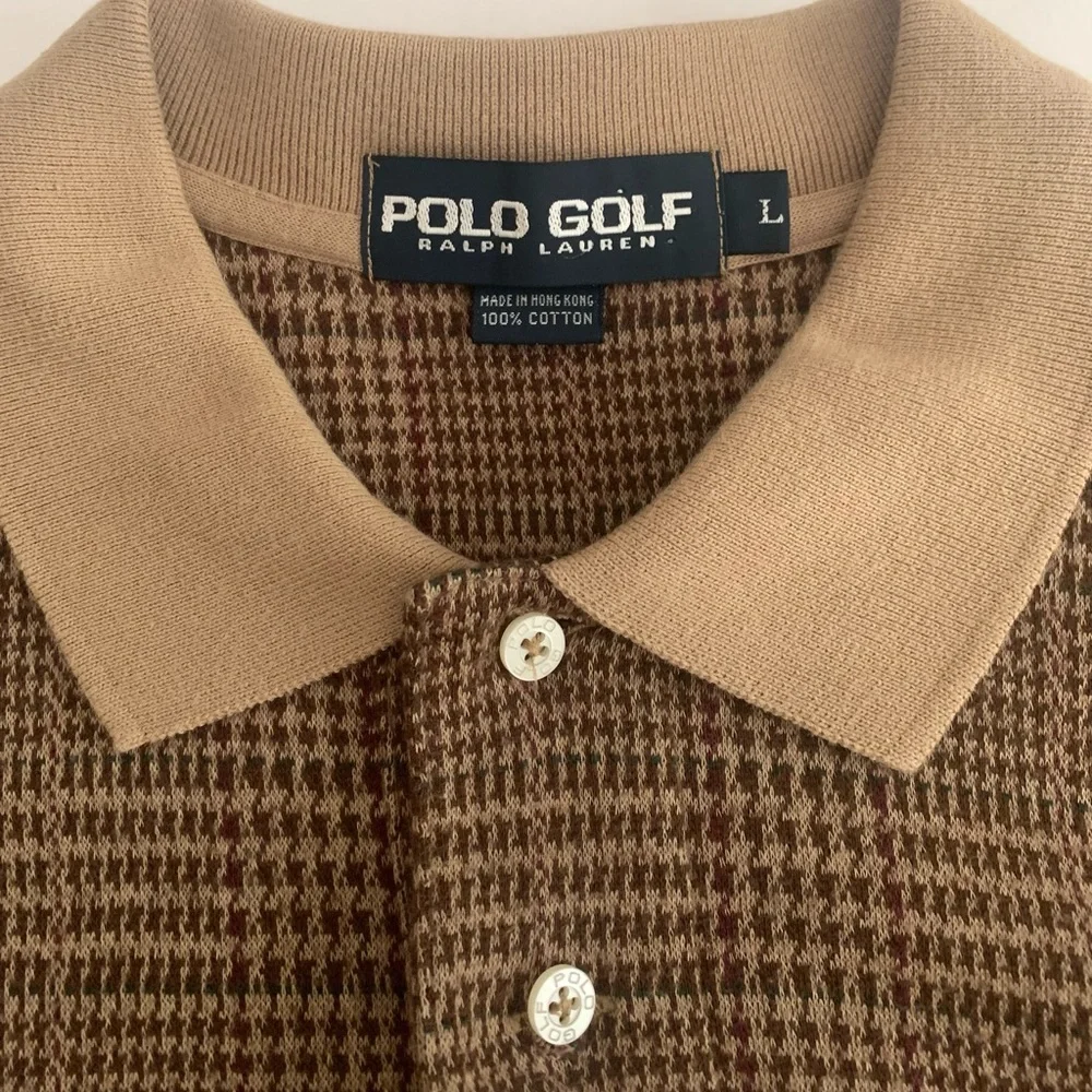 Vtg Ralph Lauren Polo Golf Brown Houndstooth Knit Polo Shirt Men’s L Preppy